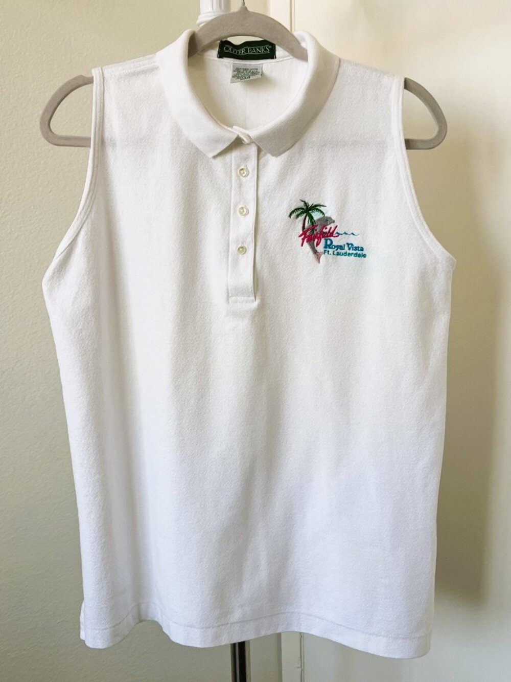 Vintage Outer Banks Sleeveless Polo Shirt Womens Large L White Fairfield Florida